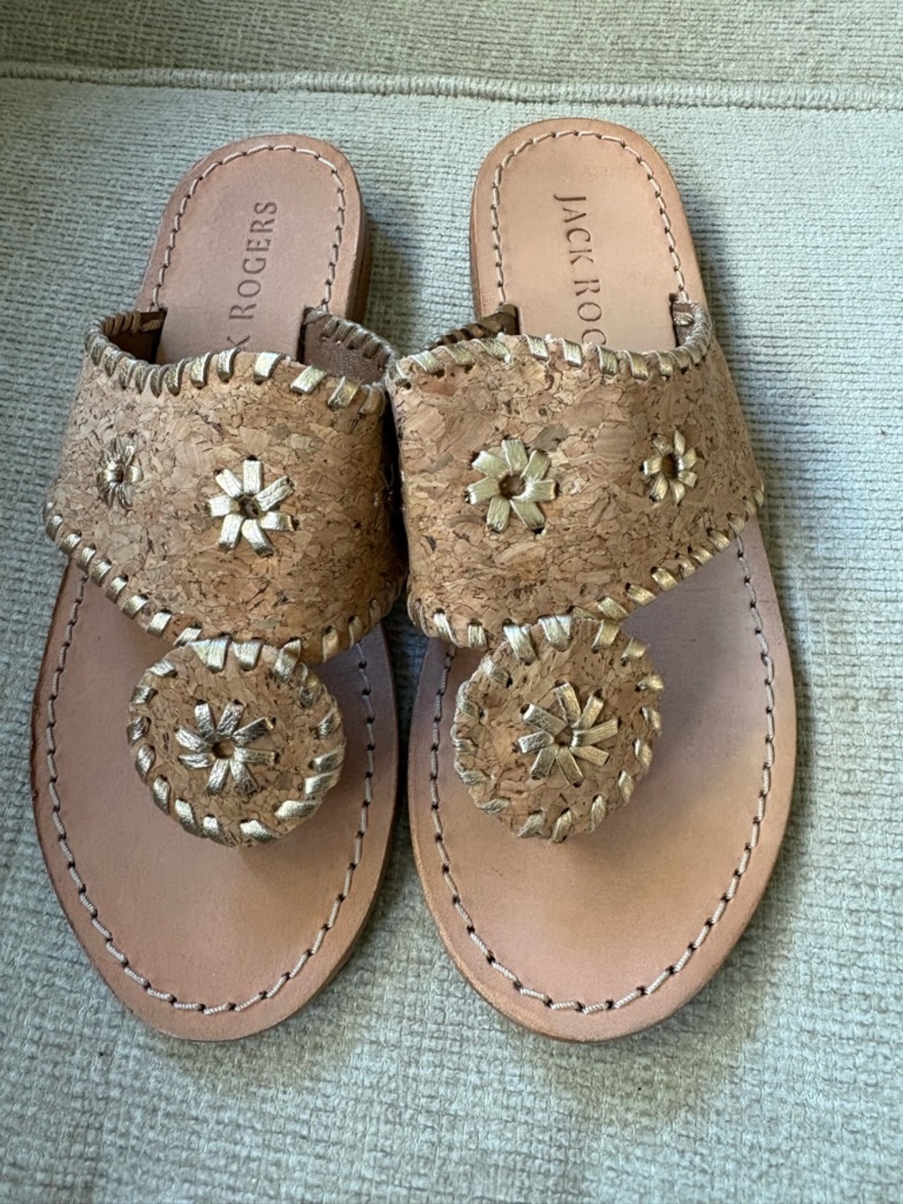 Jack Rogers Cork Tan Leather Thong Sandals with Gold Stitching